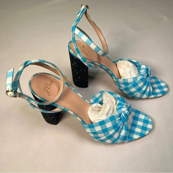 J.Crew Collection Gingham Knotted Stella Sandals w/Glitter Heel Sz 9.5 NIB - Picture 9 of 11
